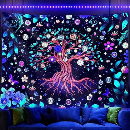 HASTHIP® Ultraviolet Rays Illuminating Tree of Life Tapestry, Fantastic Flowers Tapestry, UV Reactive Black Light Tapestries Posters Wall Hanging for Bedroom Dorm Living Room Decor (51inch x 59inch)