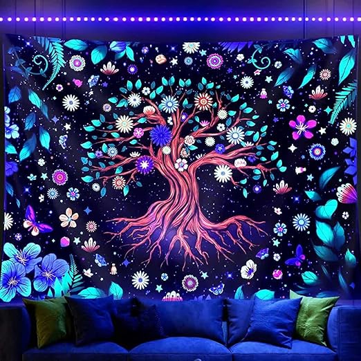 HASTHIP® Ultraviolet Rays Illuminating Tree of Life Tapestry, Fantastic Flowers Tapestry, UV Reactive Black Light Tapestries Posters Wall Hanging for Bedroom Dorm Living Room Decor (51inch x 59inch)