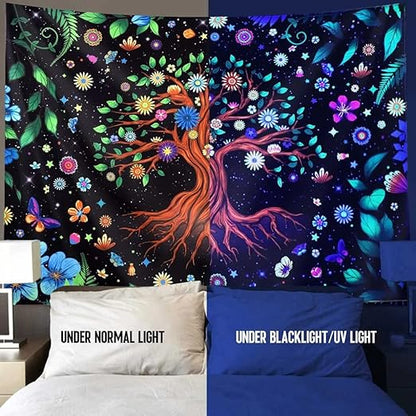 HASTHIP® Ultraviolet Rays Illuminating Tree of Life Tapestry, Fantastic Flowers Tapestry, UV Reactive Black Light Tapestries Posters Wall Hanging for Bedroom Dorm Living Room Decor (51inch x 59inch)