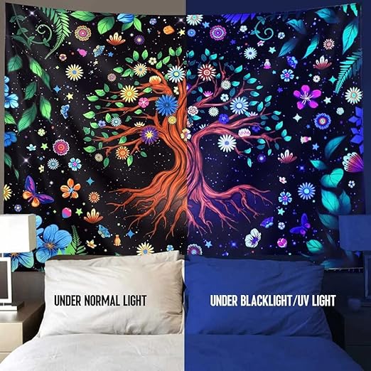 HASTHIP® Ultraviolet Rays Illuminating Tree of Life Tapestry, Fantastic Flowers Tapestry, UV Reactive Black Light Tapestries Posters Wall Hanging for Bedroom Dorm Living Room Decor (51inch x 59inch)