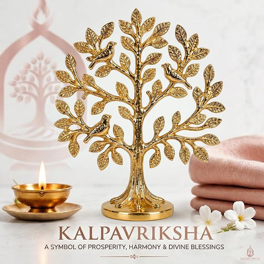 TEMPLE'S TOUCH 100% Pure Brass Kalpavriksha Tree with Birds | House Warming Gifts | Brass Decoration Items for Home | (6 Inch) Tree of Life Showpiece with Vastu Guide for Home, Office & Puja Decor