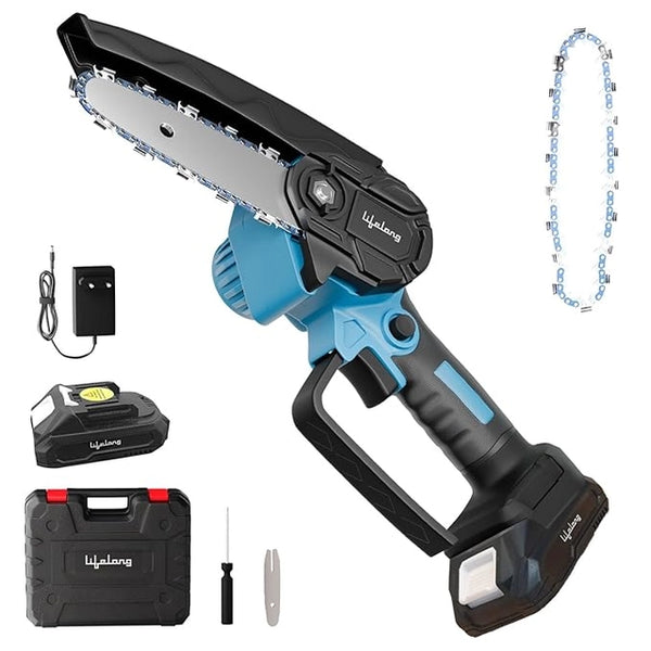 Cordless Mini Chainsaw 6-Inch | 20V Rechargeable Electric Pruning Saw with 2 Batteries, Extra Chain & Carry Case