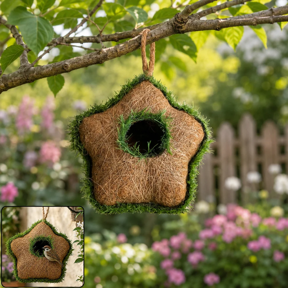 Star-Shaped-Bird-House-01 Coir Bird House – Eco-friendly Star-Shaped Garden Decor - Image 1
