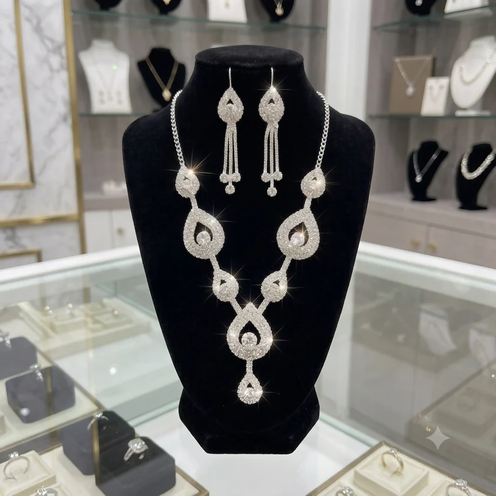 rqk72B6Cgp Elegant Silver Plated American Diamond Choker Necklace and Earrings Set for Women and Girls - Image 1